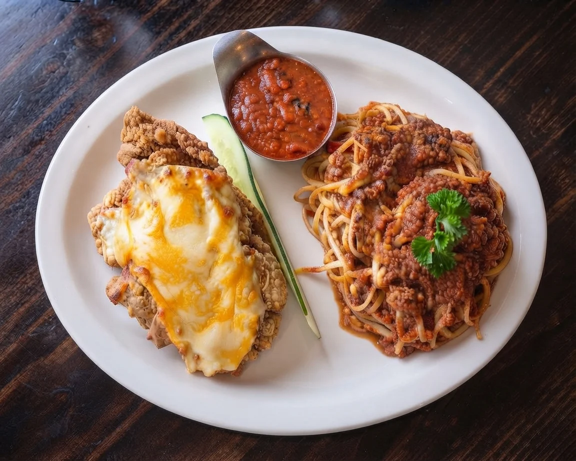 Chicken alla Milanese with pomodoro, mozzarella and pasta at our Sherwood Park bistro